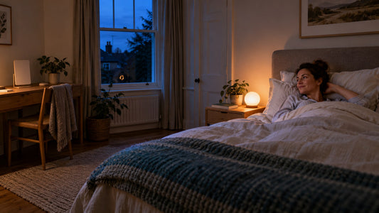 A sunrise alarm glowing beside a bed before dawn while an unlit rectangular light box sits on a desk
