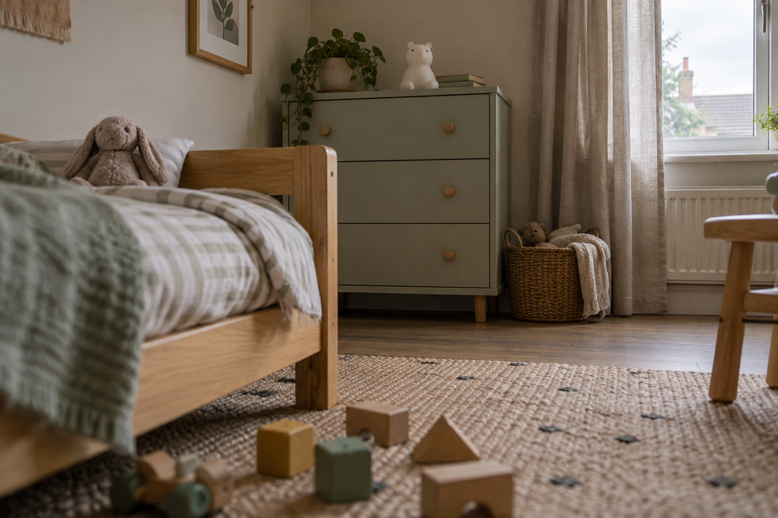 A toddler's bedroom seen from about knee height, with a small white bear-shaped night light switched off on top of a chest of drawers, a low wooden bed with a soft toy, and wooden blocks on the rug.