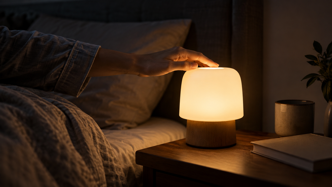 A hand tapping the top of a warm bedside lamp glowing softly in a dark bedroom at night.