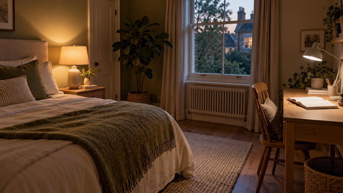 A bedroom with a warm bedside lamp and a separate cooler task light at a desk