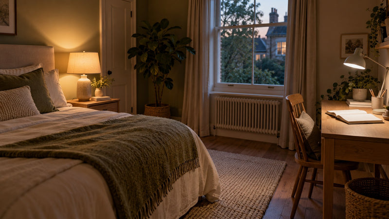 A bedroom with a warm bedside lamp and a separate cooler task light at a desk
