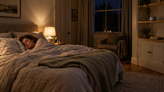 An adult sleeping in a calm bedroom with a small speaker on a shelf across the room