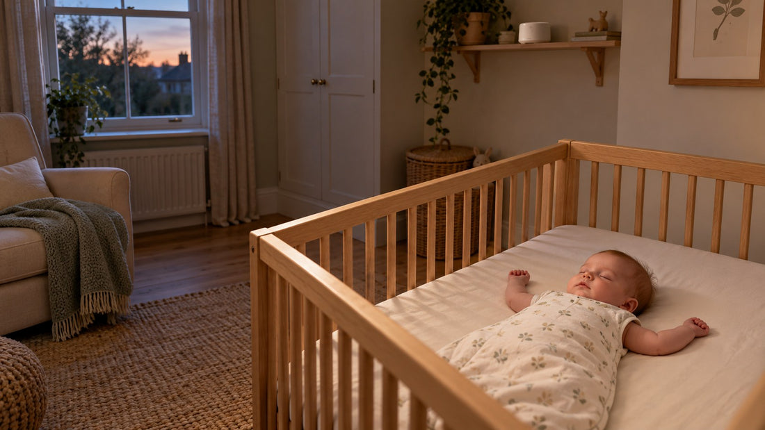 A baby sleeping on their back in a clear cot while a white-noise machine sits on a distant shelf in a softly lit nursery