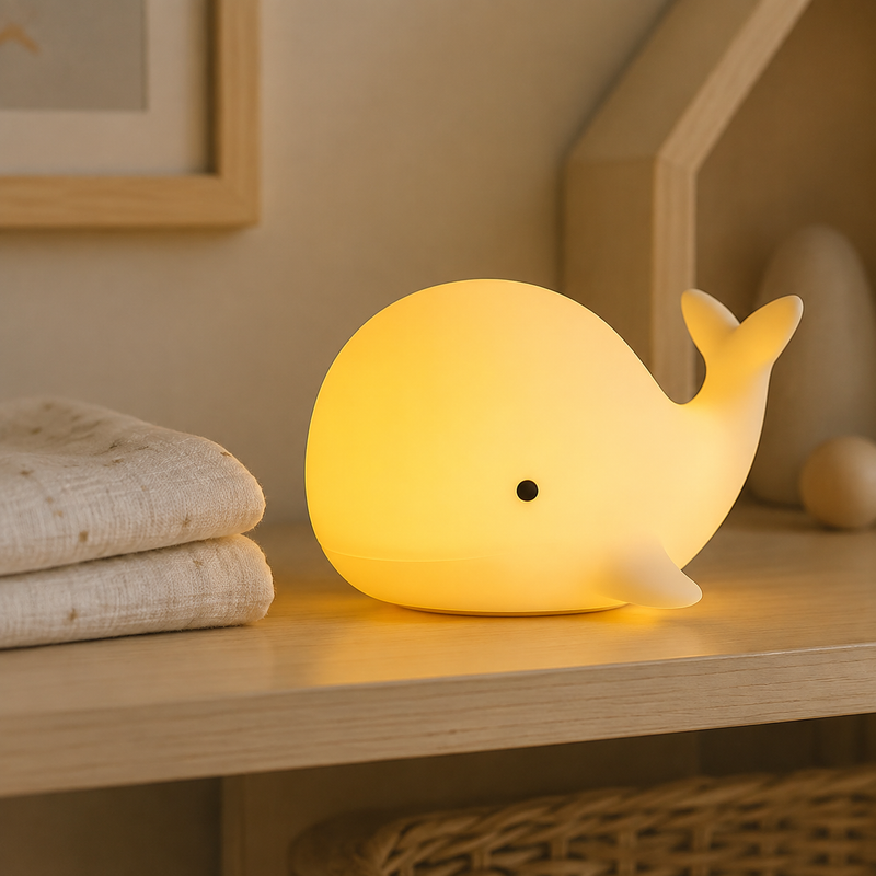 Whalumi whale baby night light on a nursery shelf