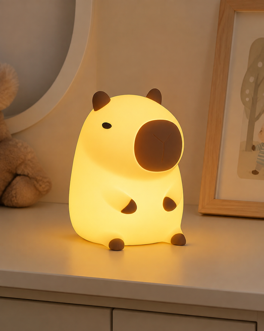 CapiZen capybara silicone night light on a warm nursery shelf