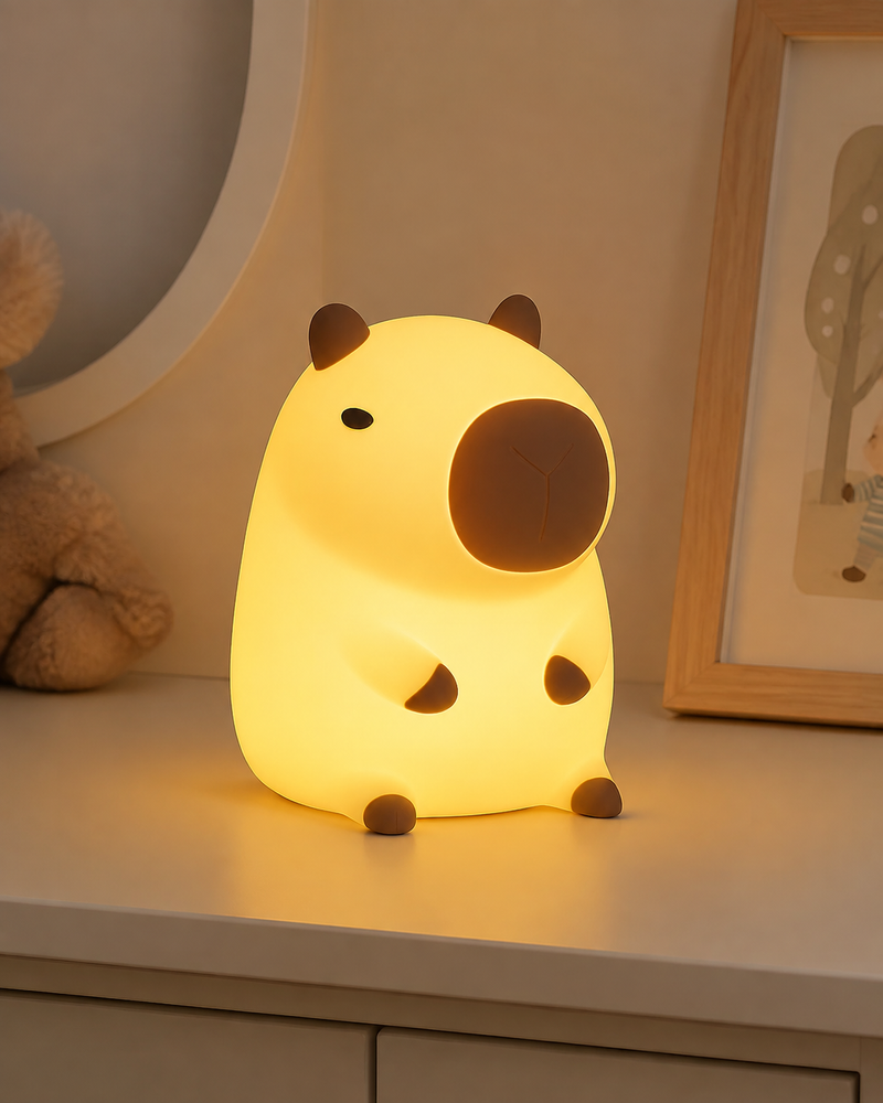 CapiZen capybara silicone night light on a warm nursery shelf