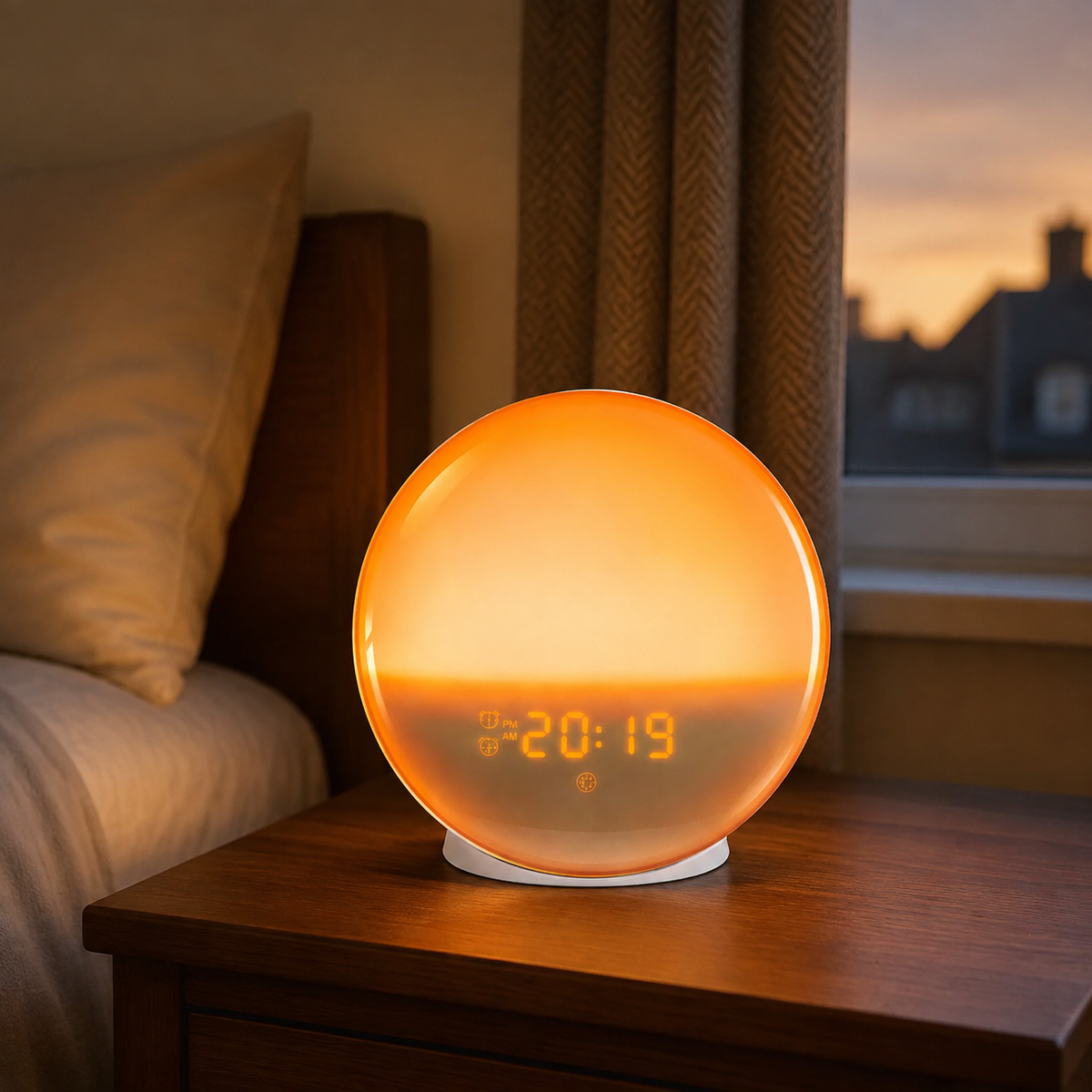 Sunrise alarm clock creating warm ambient bedroom light