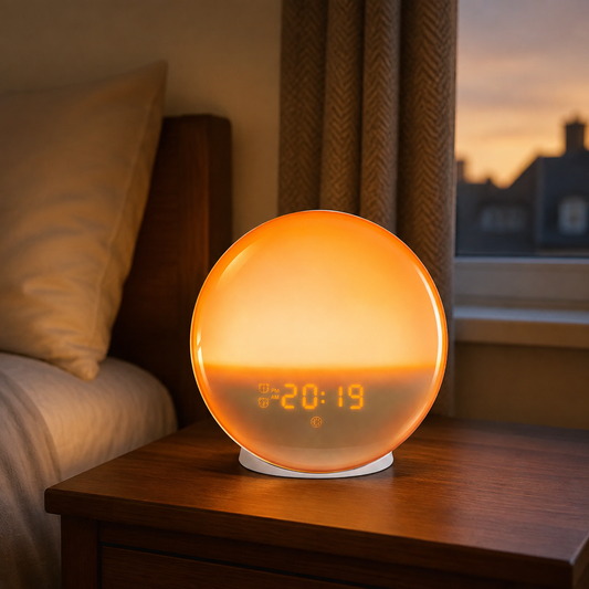 DawnRise sunrise alarm clock glowing on a British bedroom bedside table