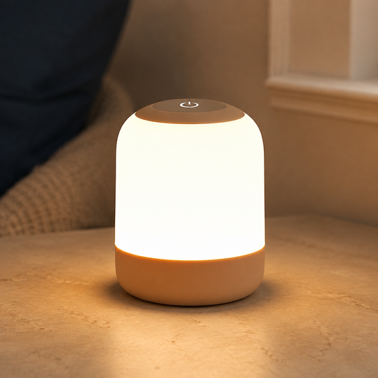 GlowRoam portable night light glowing warmly in a calm home setting