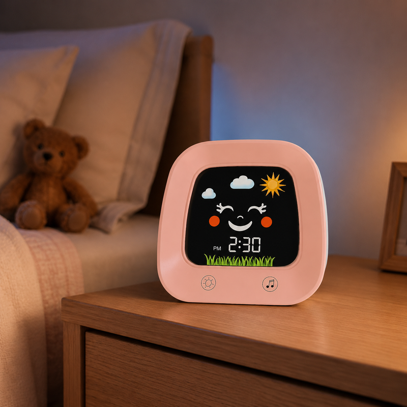 SunMoon day/night sleep trainer in pink on a bedside table