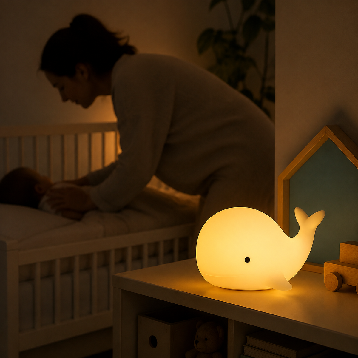 Parent settling a baby beside the glowing Whalumi whale night light