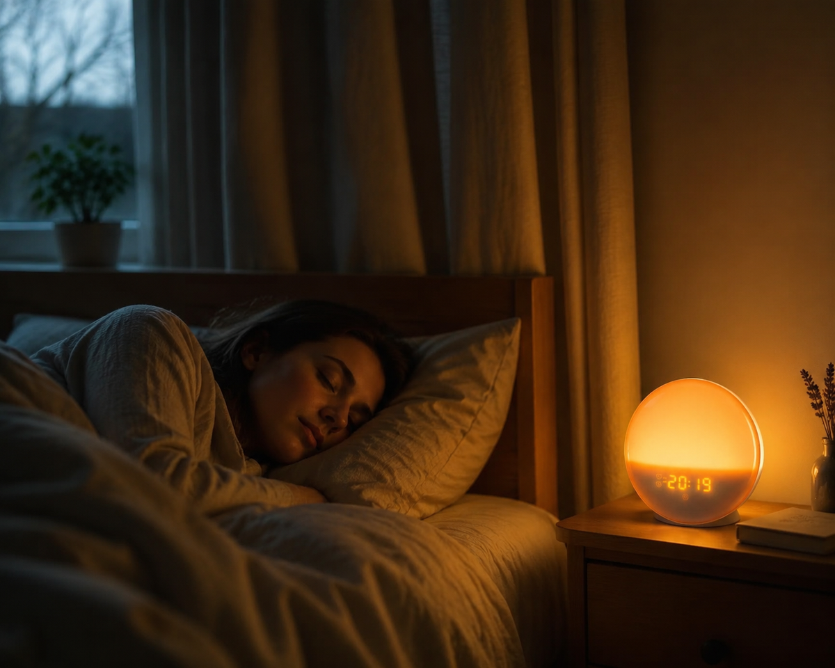 Adult waking naturally as DawnRise gradually brightens the bedroom