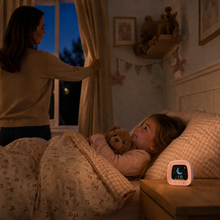 SunMoon pink day/night sleep trainer showing the bedtime moon cue