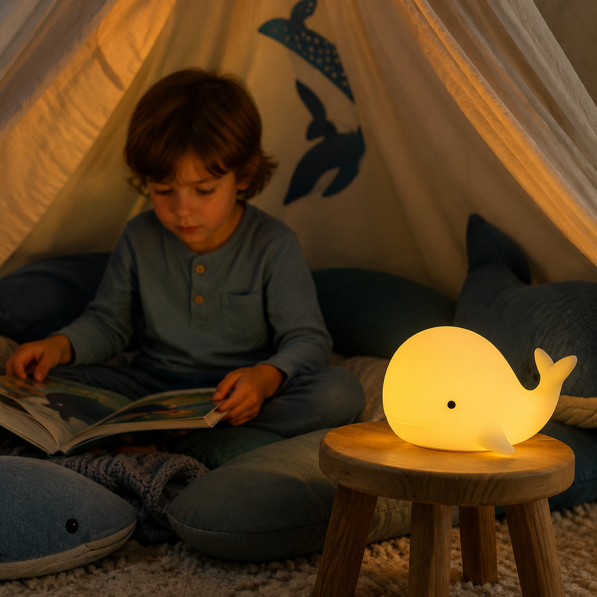 Child relaxing in a cosy reading den with the glowing Whalumi whale night light