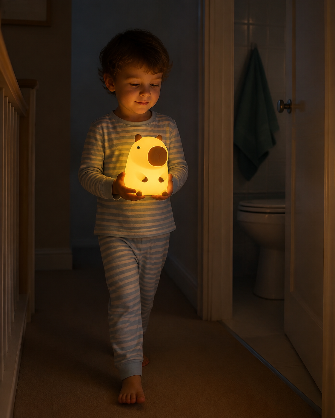 Child carrying CapiZen capybara night light along a dim hallway