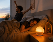 DawnRise sunrise alarm clock beside a couple with different morning routines – image 3