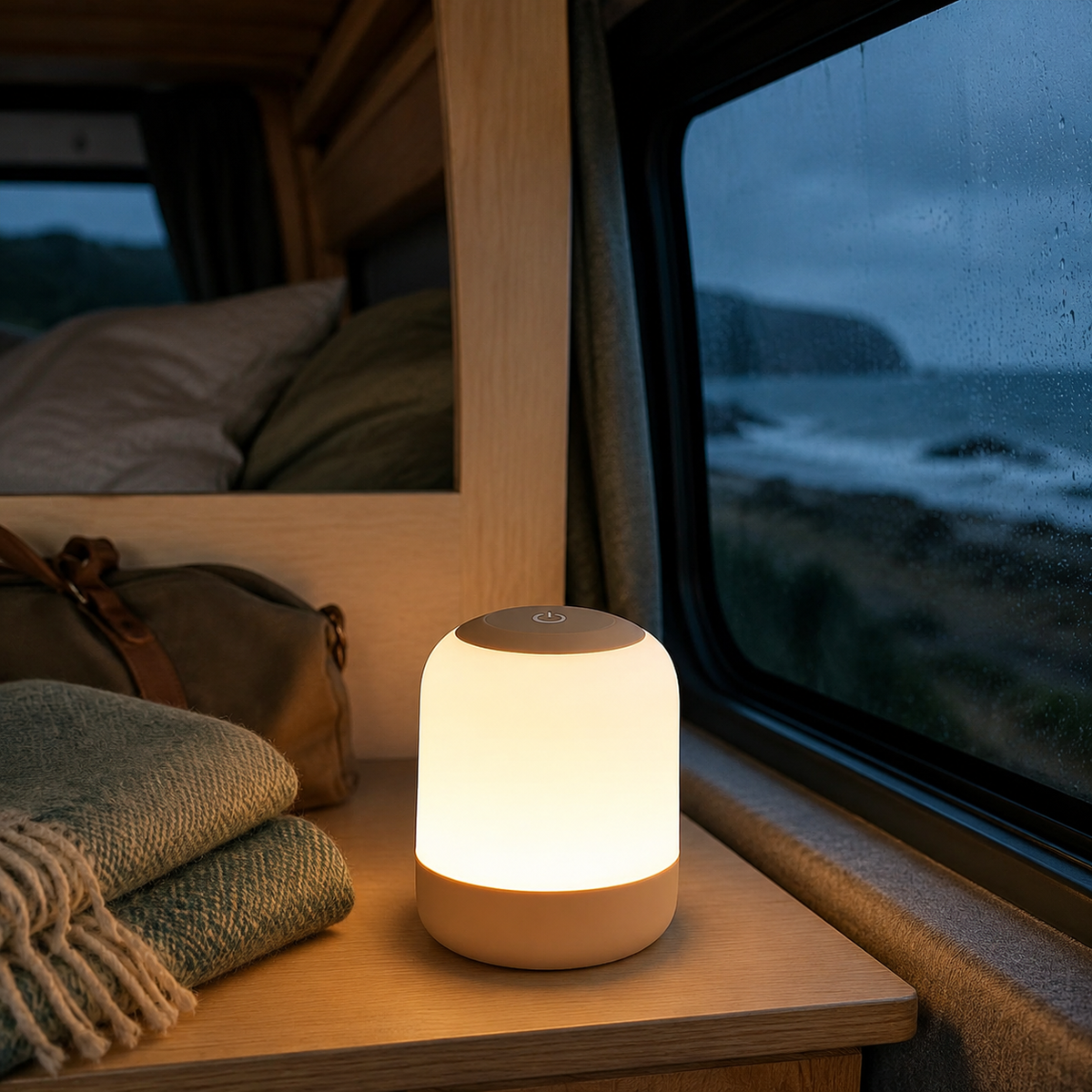 GlowRoam portable night light creating a warm campervan travel corner