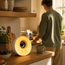 ToneLume alarm clock speaker beside a relaxed Saturday breakfast