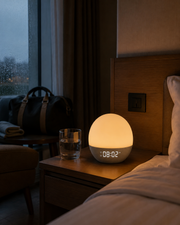 AuroraRise sunrise alarm creating comfort in a hotel room – image 5