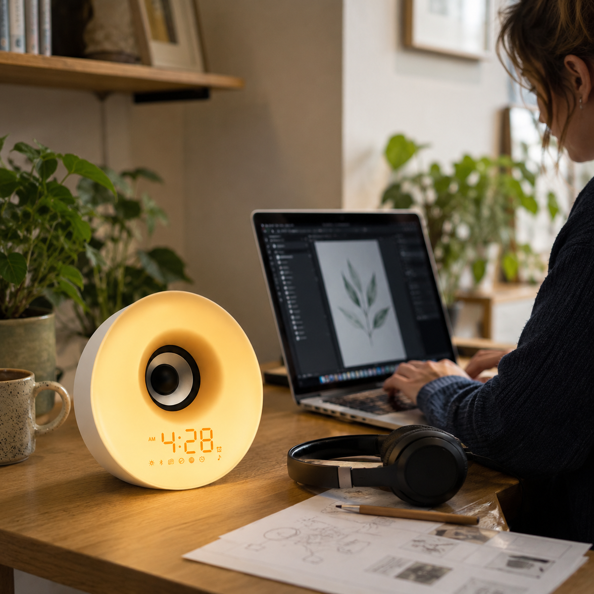 ToneLume Bluetooth speaker alarm clock on a home-work desk