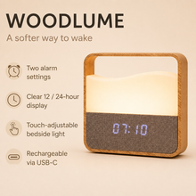 WoodLume two alarm settings, display and touch-adjustable bedside light