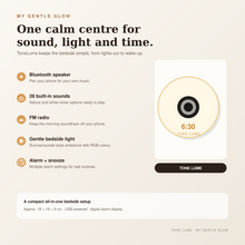ToneLume features: Bluetooth speaker, built-in sounds, FM radio, RGB light and snooze