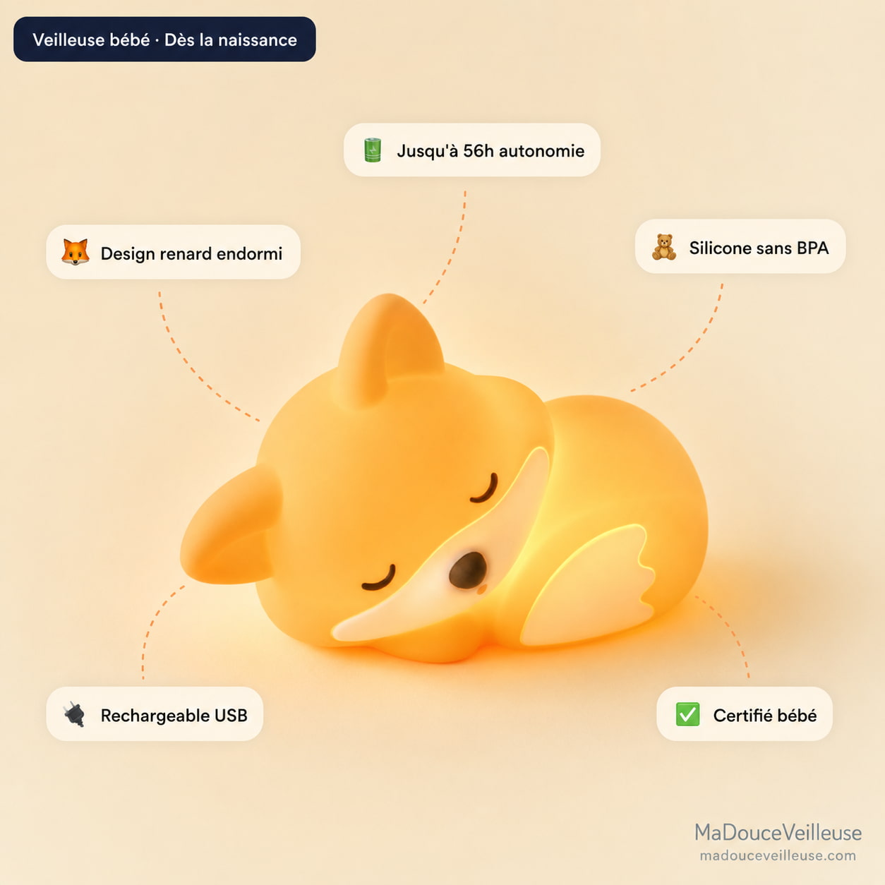 Sleeping fox baby night light with a warm glow