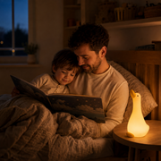 Father and child reading beside the Anseria goose night light – image 2