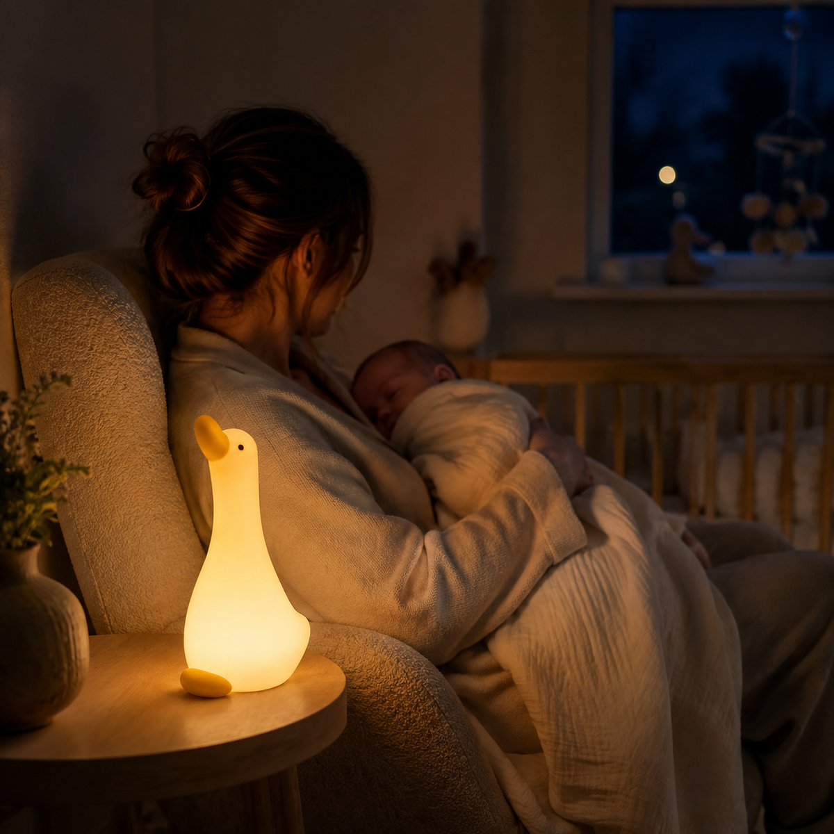 Parent cradling a baby beside the Anseria night light