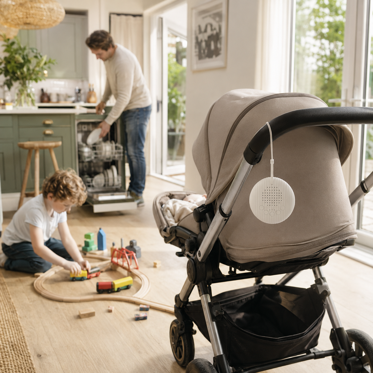 BabyCalm portable white noise machine during a daytime family routine
