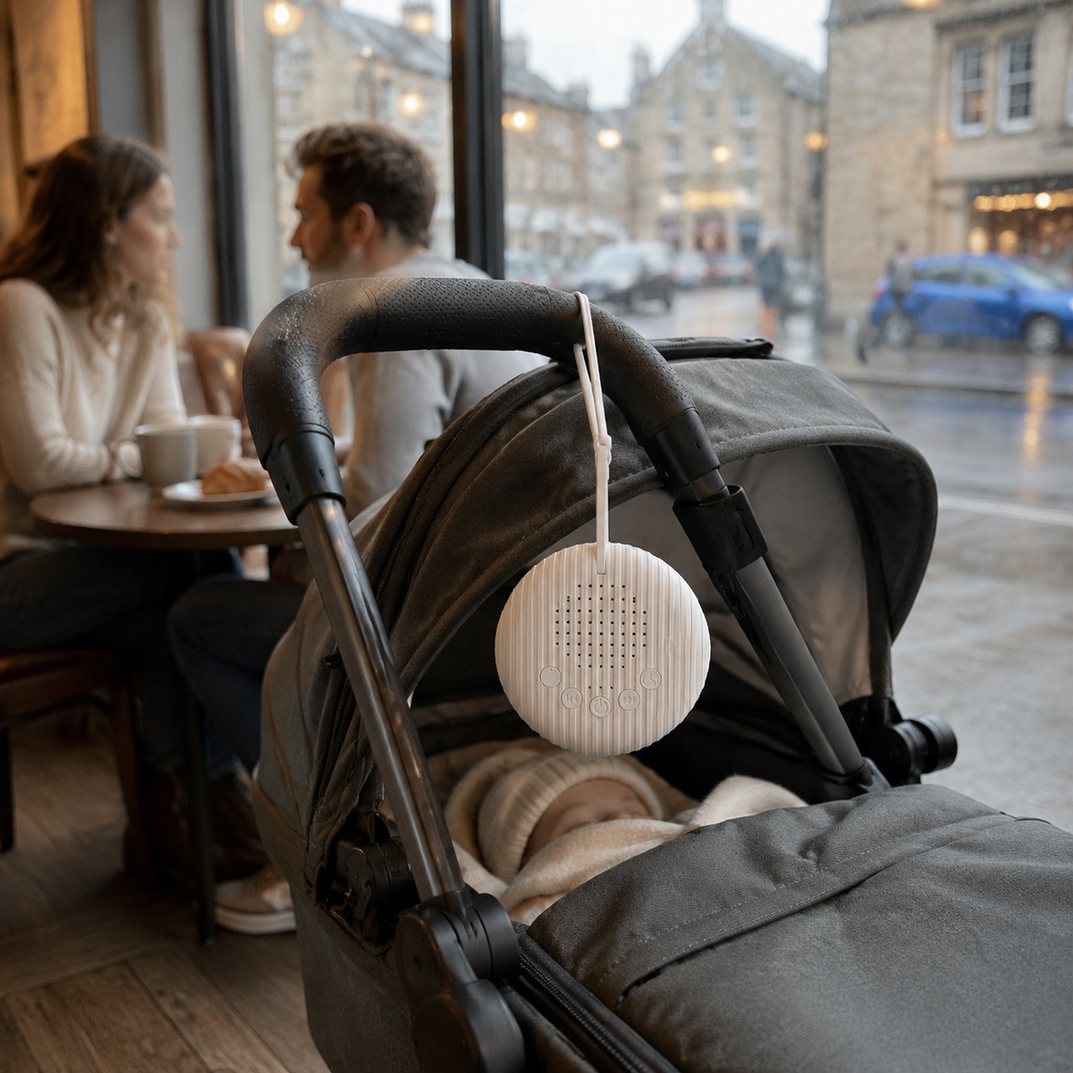BabyCalm portable white noise machine on a pram during a rainy cafe outing