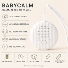 BabyCalm portable white noise machine technical specifications and controls