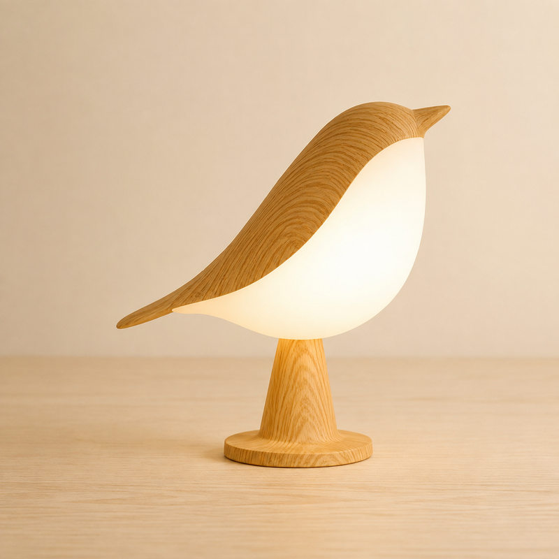 CalmBird wooden bird touch night light glowing on a bedside table