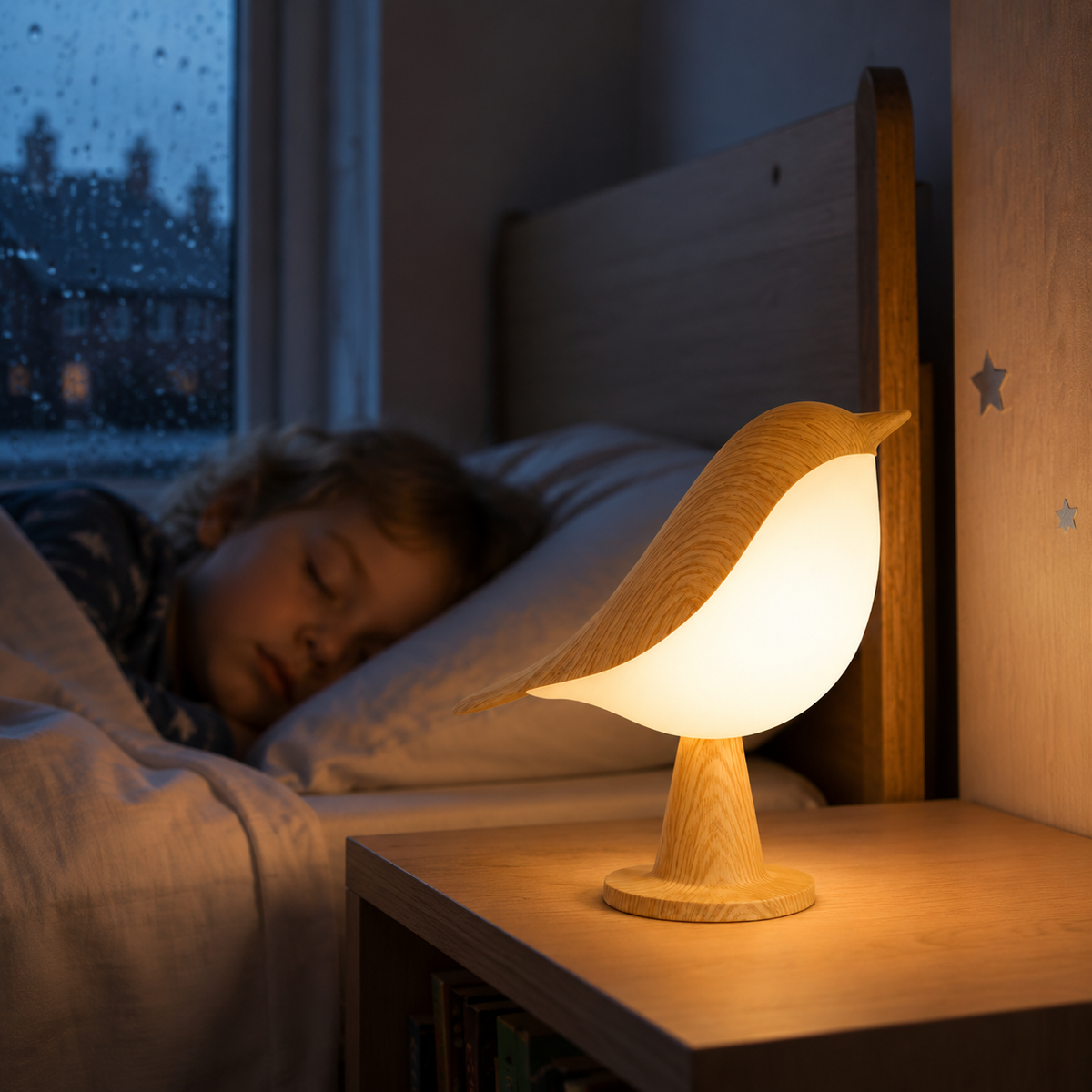 CalmBird bird night light glowing beside a sleeping child on a rainy night