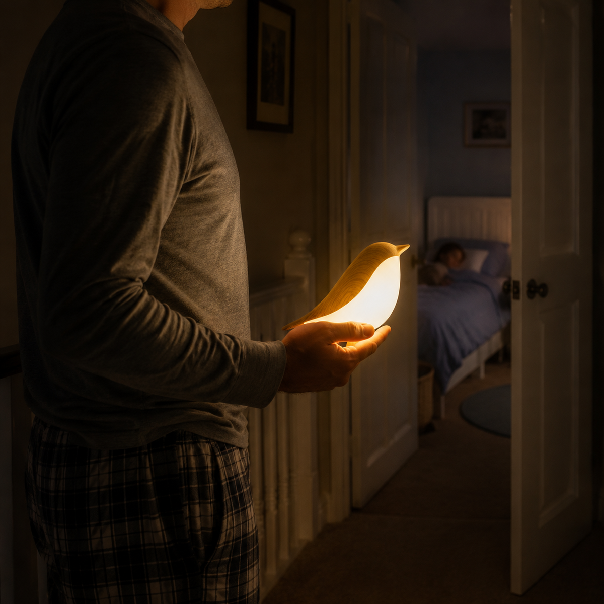 Detached CalmBird portable bird light carried during a night-time child check