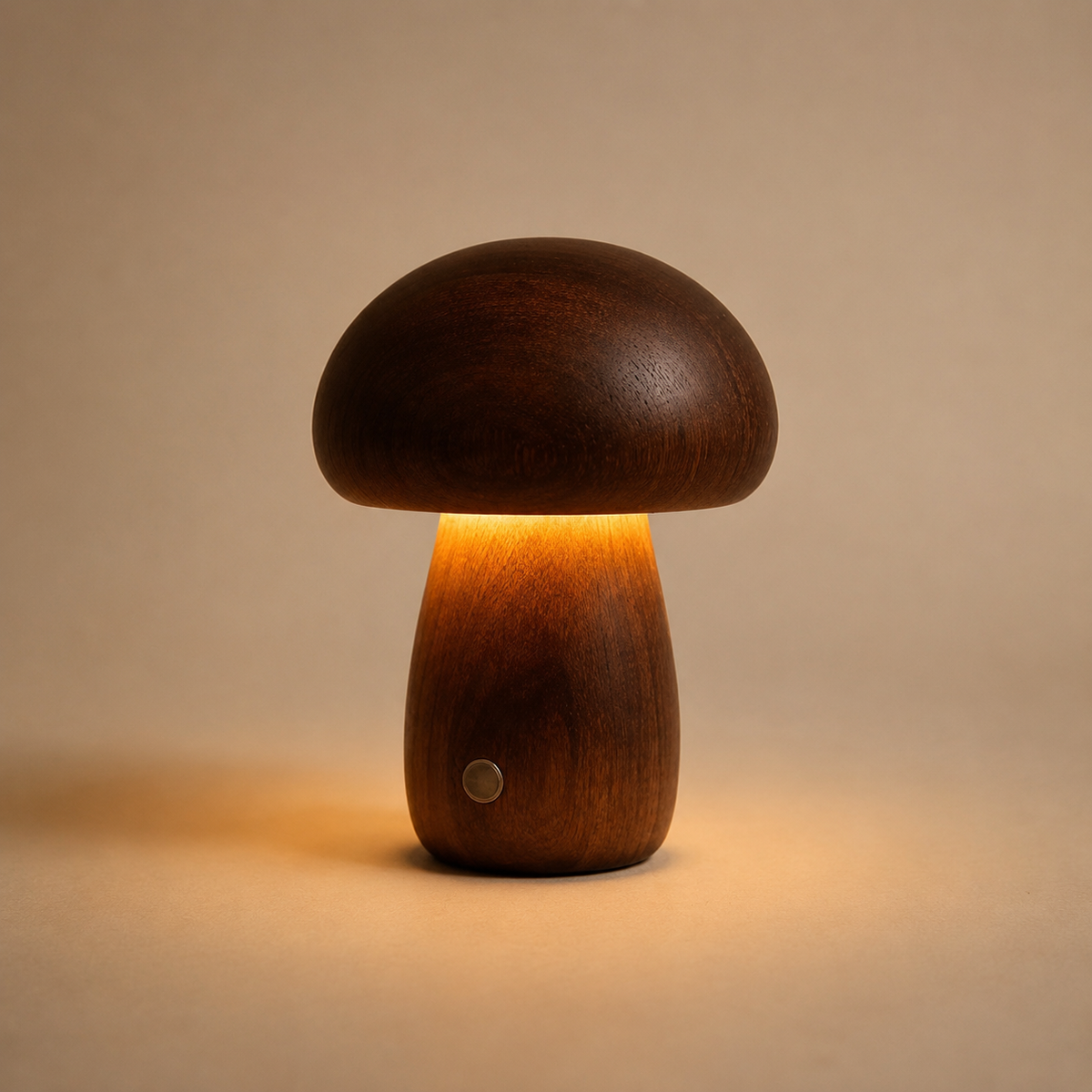 CapLume dark walnut wooden mushroom night light glowing warmly