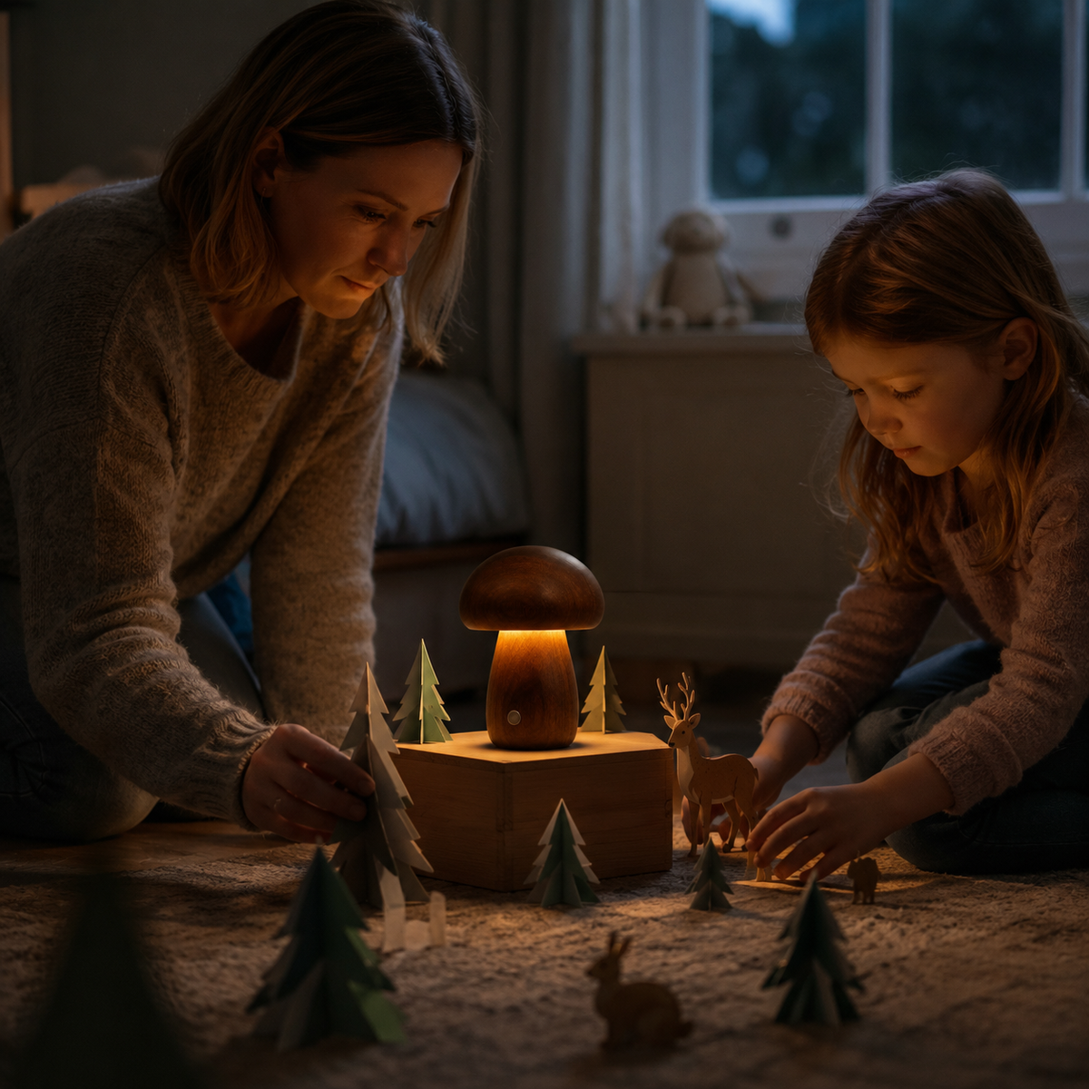 Parent and child creating a woodland scene beside the CapLume night light