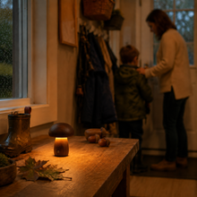 CapLume glowing beside autumn keepsakes after a rainy family walk