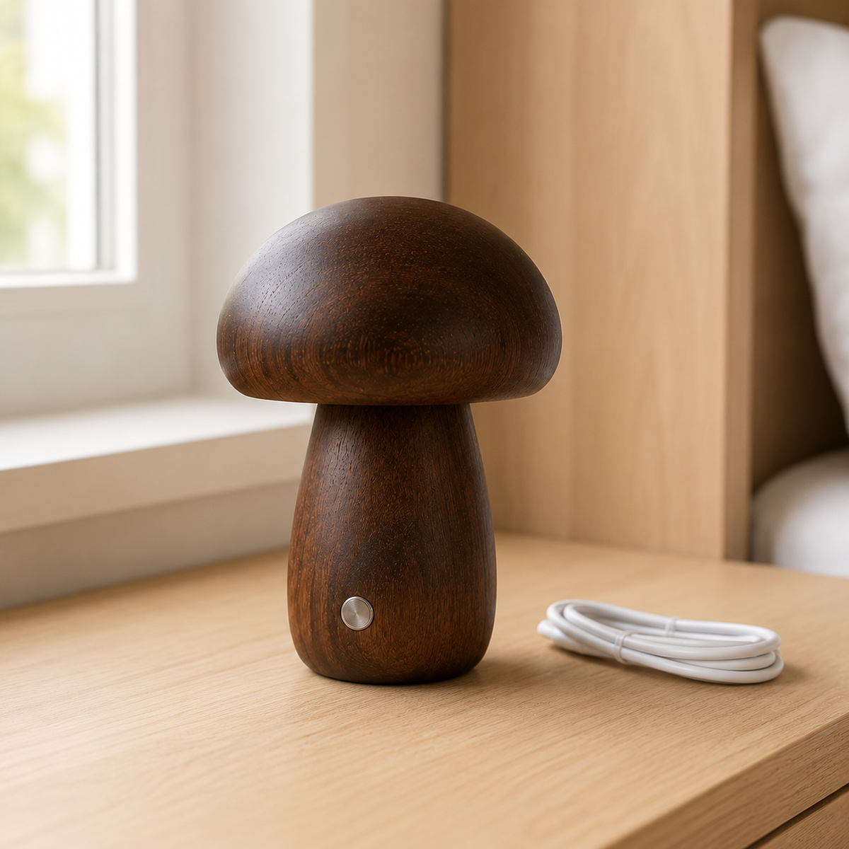 CapLume wooden mushroom night light with USB charging cable