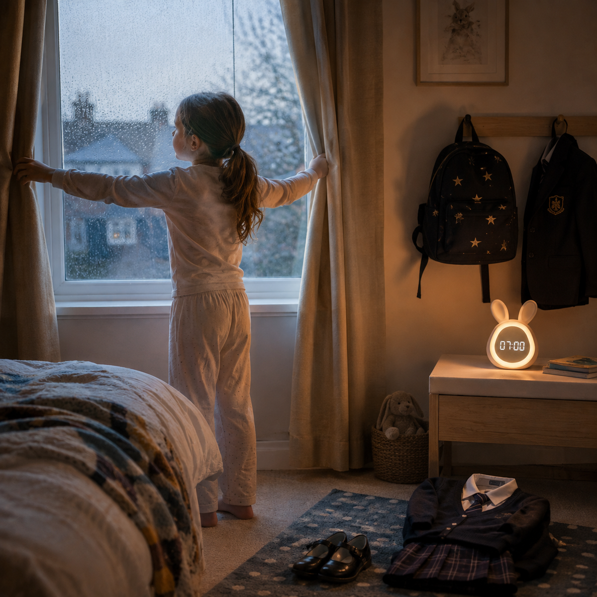 Child opening the curtains on a rainy morning with DawnHare