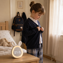 Child preparing independently for school beside DawnHare