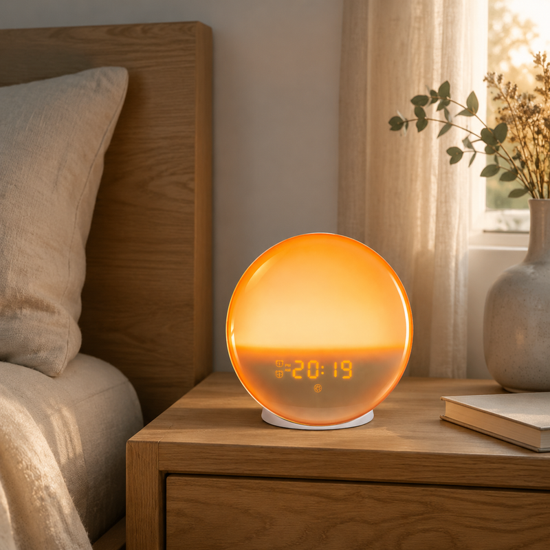 DayLuma sunrise alarm clock glowing softly on a bedside table