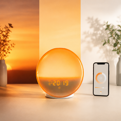 DayLuma sunrise alarm clock showing a gentle dawn light progression