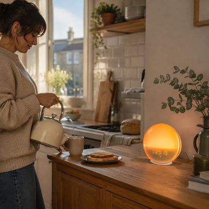 DayLuma sunrise alarm clock glowing in a bright morning kitchen