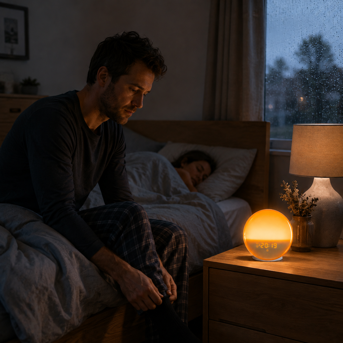 DayLuma sunrise alarm clock bringing a warm glow to a rainy winter bedroom