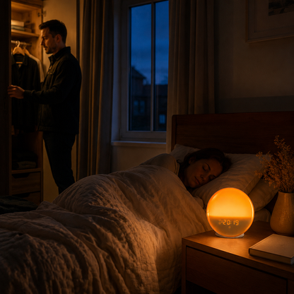 DayLuma sunrise alarm clock in a quiet bedroom at blue hour for sunset mode