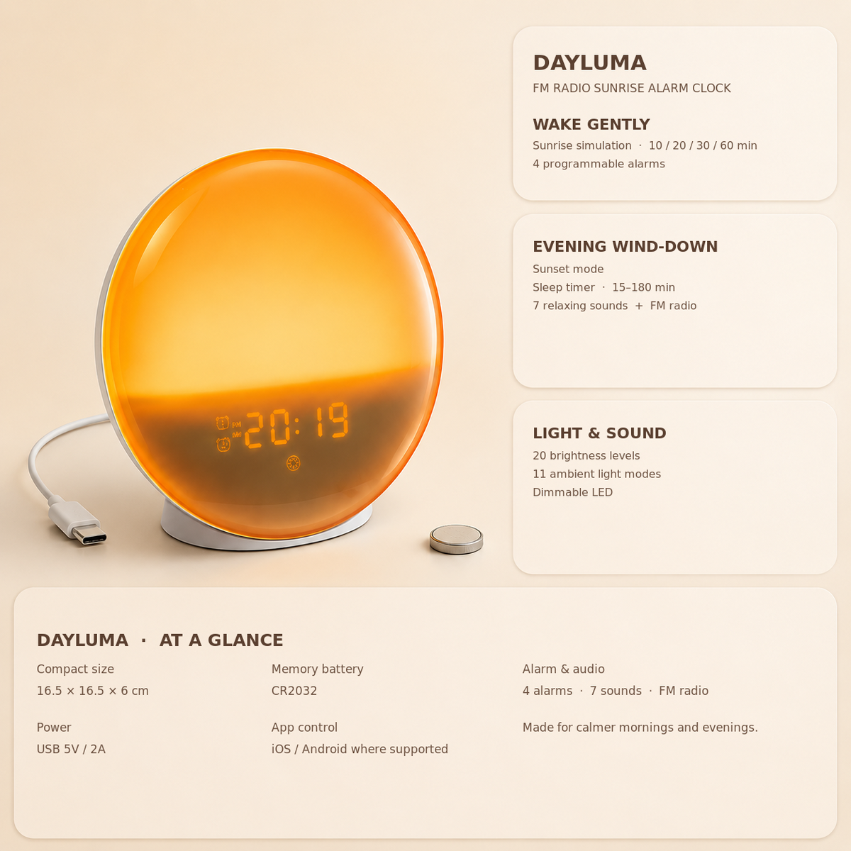 DayLuma FM radio sunrise alarm clock technical specifications