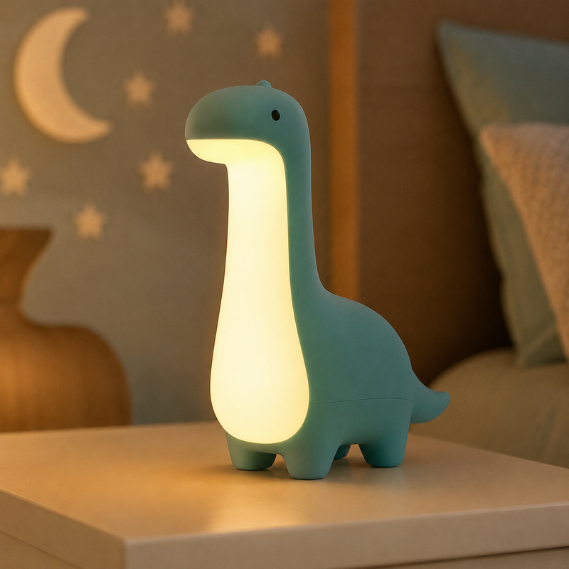 DinoDream dinosaur kids night light glowing warmly in a cosy bedroom