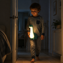 Child carrying DinoDream through a dark hallway at night
