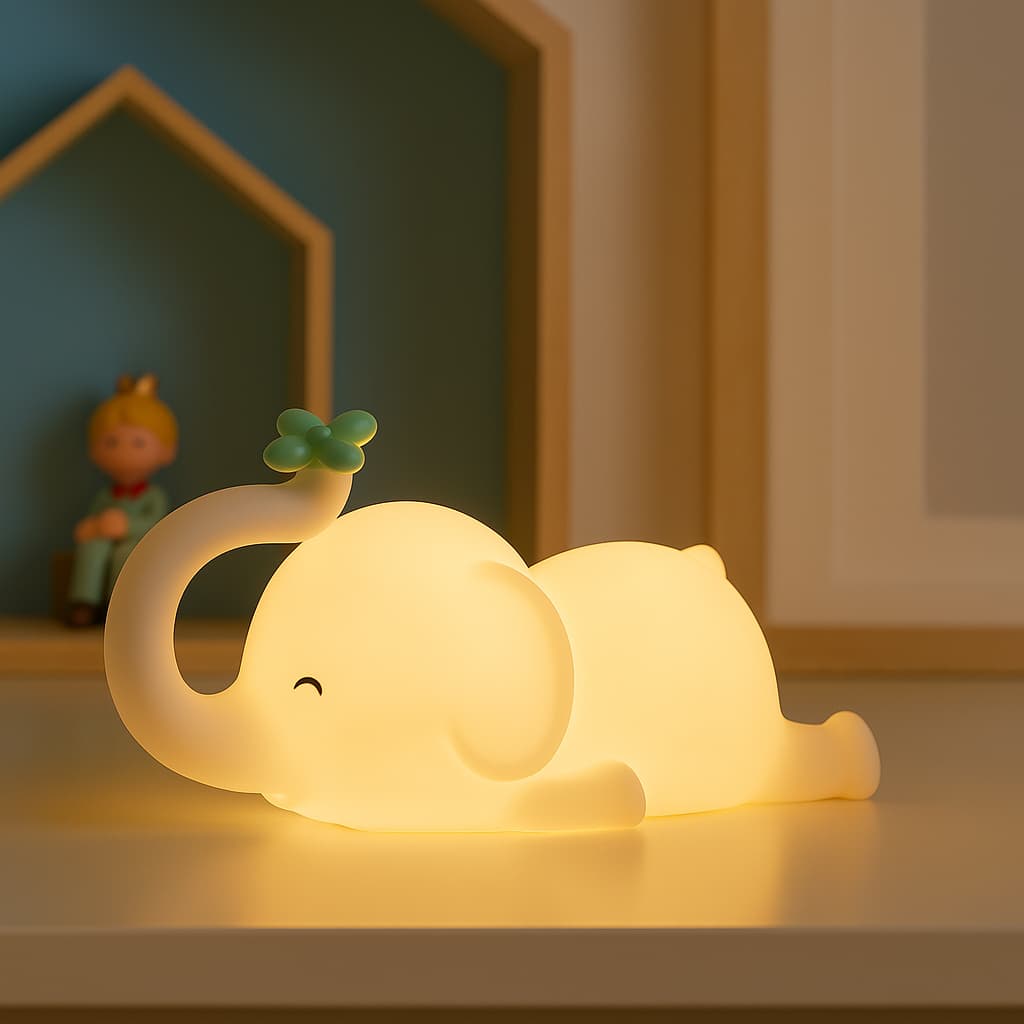 ElephGlow elephant night light glowing warmly beside a child